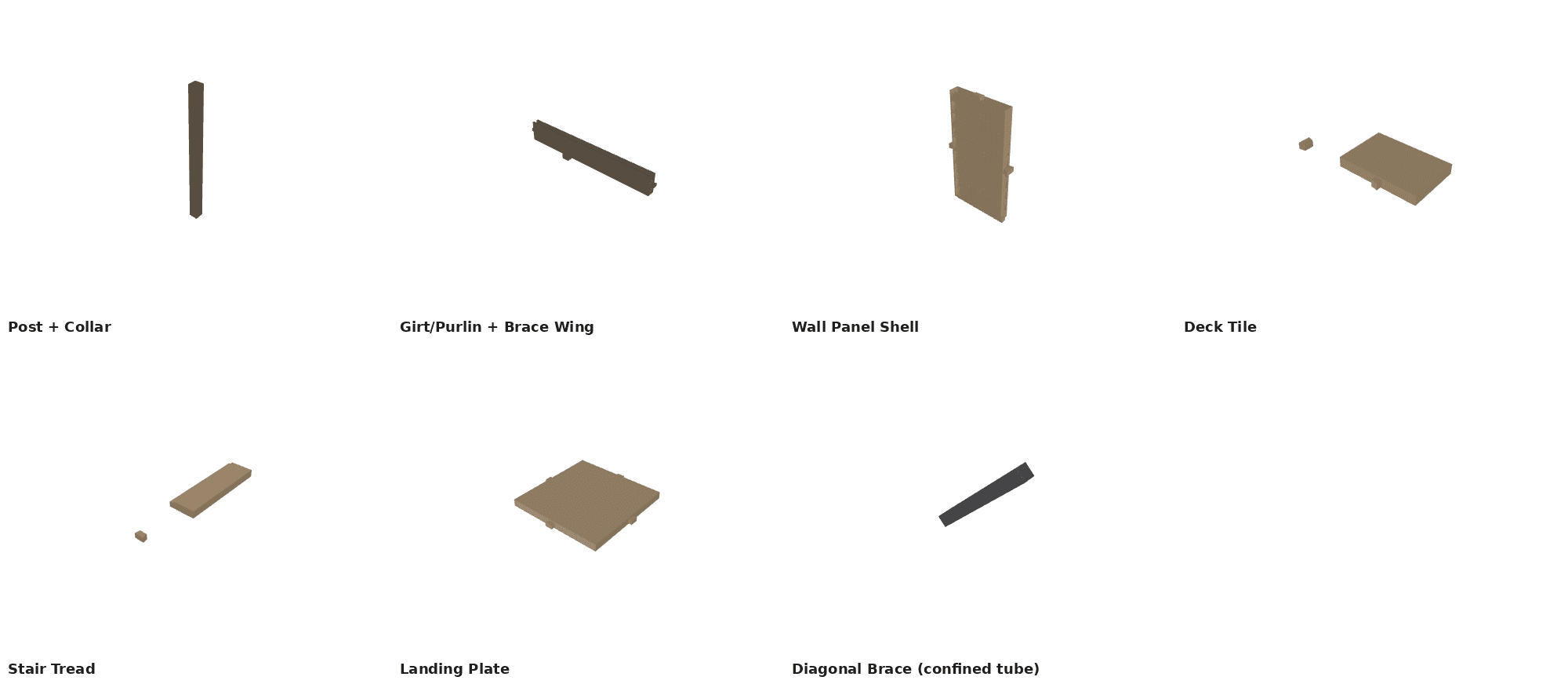 Seven Ogopogo module parts: post with collar, girt/purlin with brace wing, wall panel shell, deck tile, stair tread, landing plate, and the diagonal brace's confined tube.