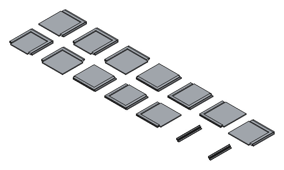 Exploded view of all 14 unique 3D-printed parts that make up the Grafton cooler liner — 12 flat wall/cap panel shapes and 2 corner post shapes.