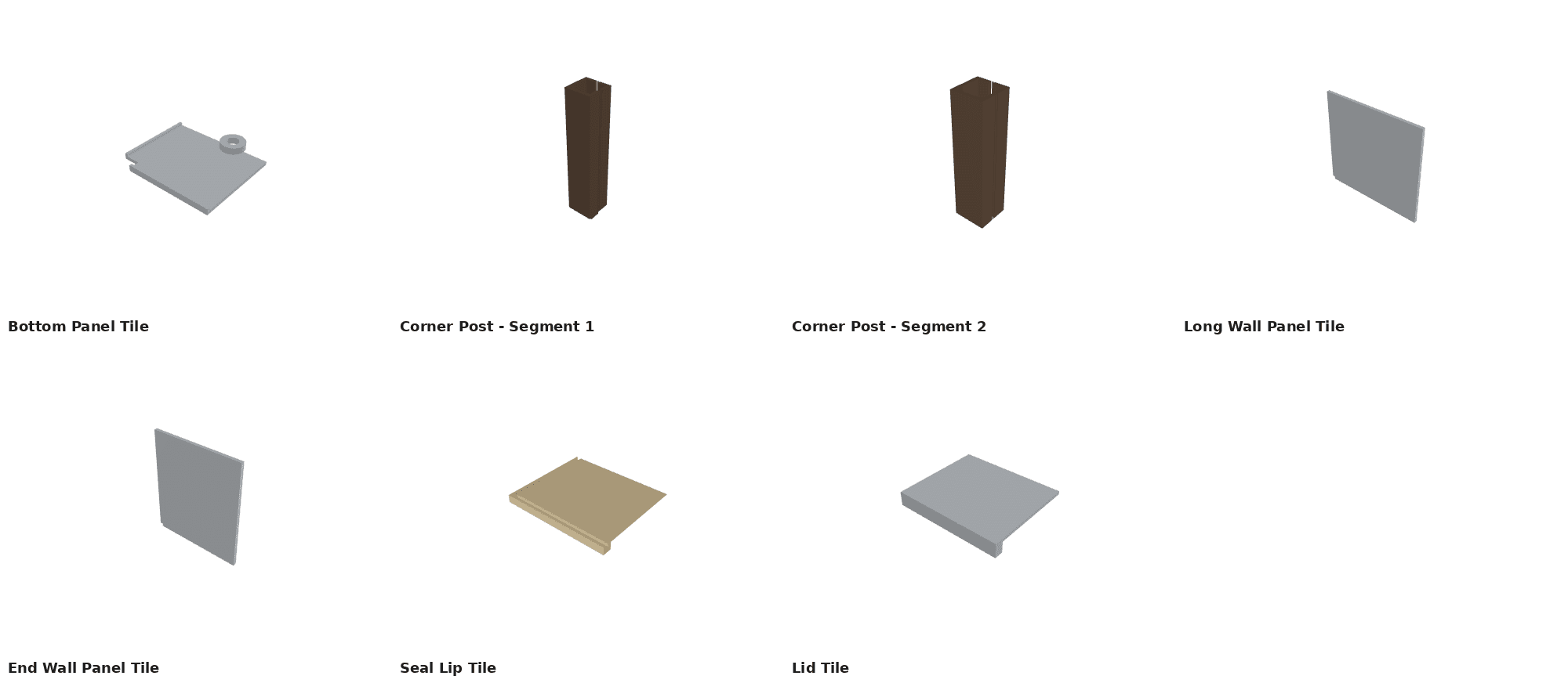 Seven representative unique parts from the redesigned Grafton cooler: bottom panel tile, two corner post segments, long and end wall panel tiles, seal lip tile, and lid tile.