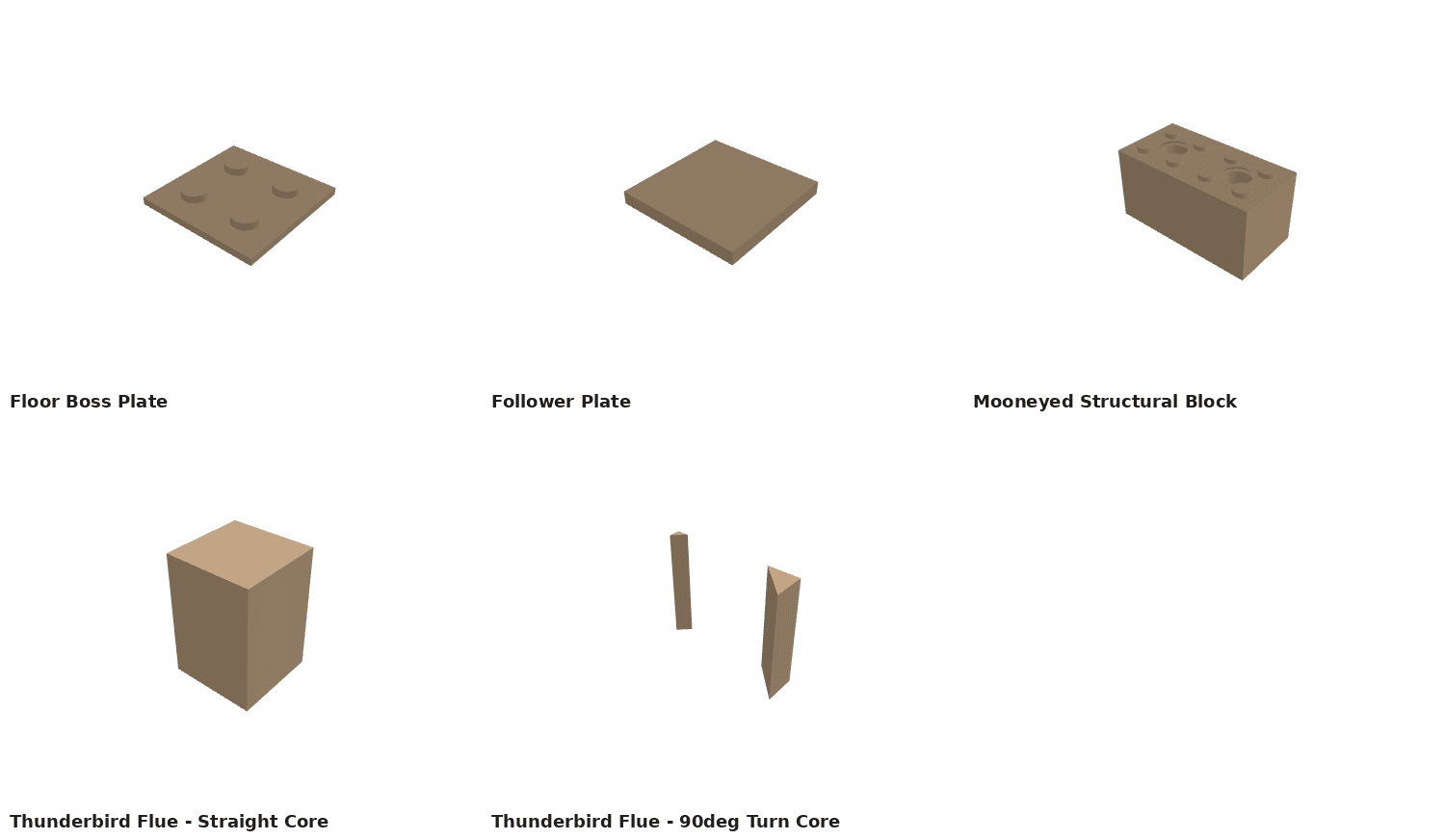 Five Melonhead system parts: floor boss plate, follower plate, Mooneyed structural block showing its cored channels, and the Thunderbird flue's straight core and 90-degree turn core.