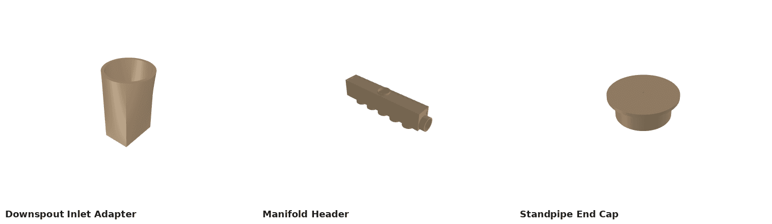 Three Uktena Fang diverter parts: the downspout inlet adapter, the multi-port manifold header, and a standpipe end cap.